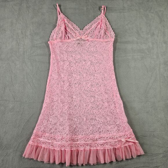 Victoria's Secret Other - Victoria’s Secret Lace Slip Women Large Y2k Hot Pink Sheer Babydoll Bow Lingerie